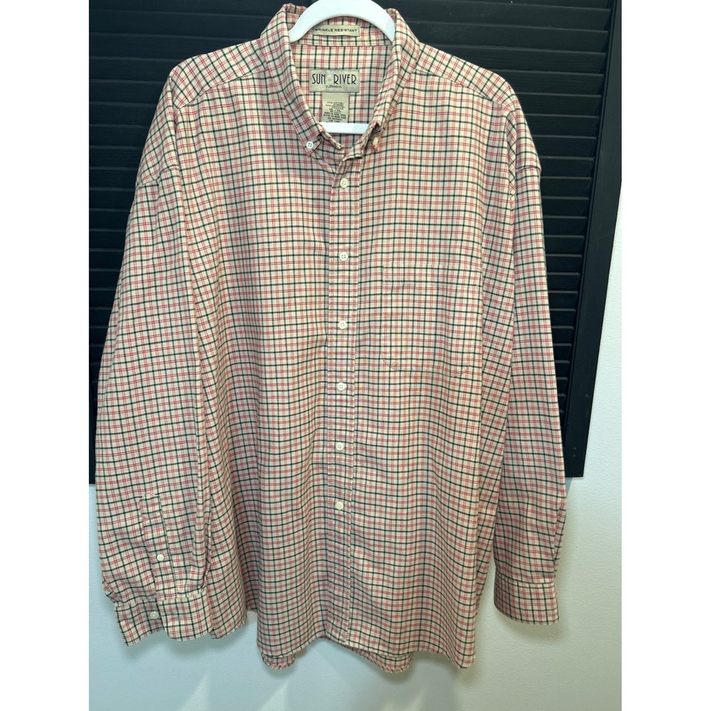 Sun River Clothing Co Mens XL Plaid Button Down Shirt Red Tan Wrinkle Resistant